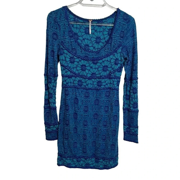 Free People Botanical Forest Long Sleeve Floral Bodycon Dress Blue Daisy XS - Picture 1 of 13